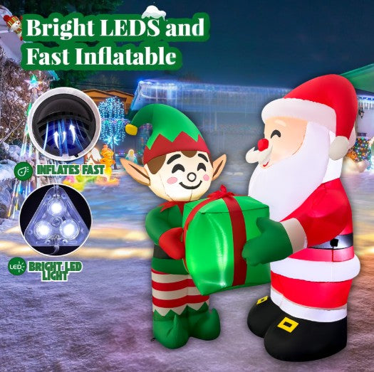 GOOSH 5FT Santa and Elf Inflatable with Gift Outdoor Christmas Yard Decoration