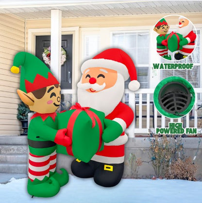 GOOSH 5FT Santa and Elf Inflatable with Gift Outdoor Christmas Yard Decoration