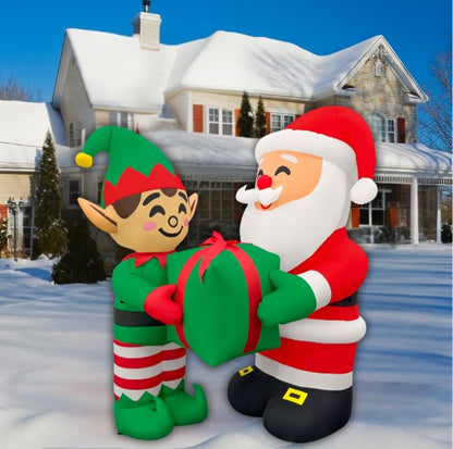 GOOSH 5FT Santa and Elf Inflatable with Gift Outdoor Christmas Yard Decoration