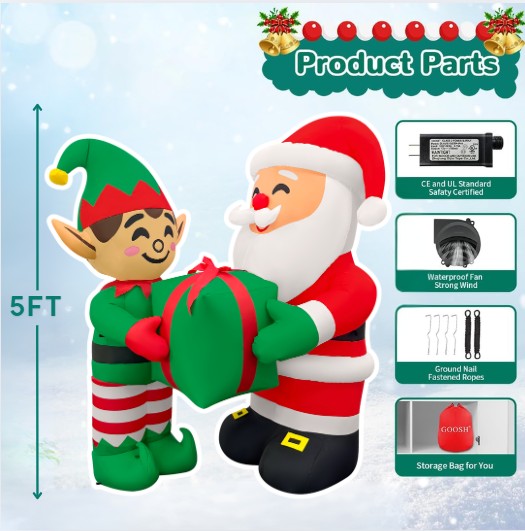GOOSH 5FT Santa and Elf Inflatable with Gift Outdoor Christmas Yard Decoration