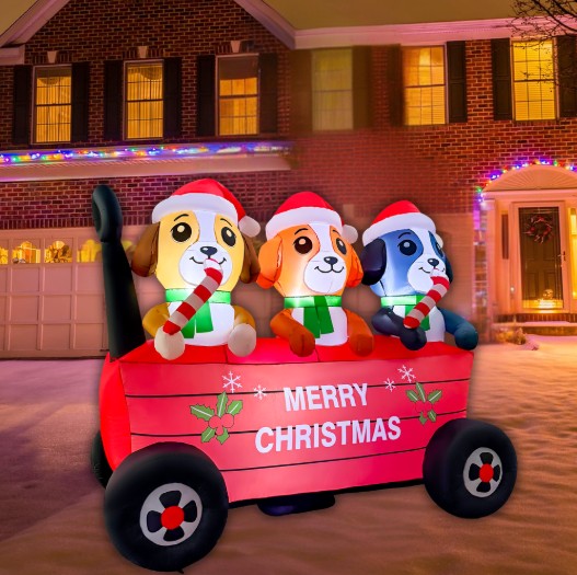 GOOSH 6.5FT Christmas Puppy Trio Wagon Inflatable Outdoor Yard Decoration