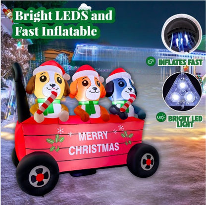 GOOSH 6.5FT Christmas Puppy Trio Wagon Inflatable Outdoor Yard Decoration