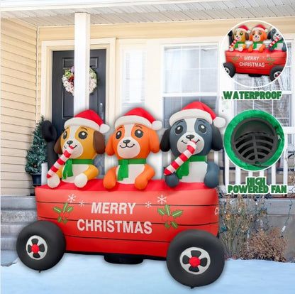 GOOSH 6.5FT Christmas Puppy Trio Wagon Inflatable Outdoor Yard Decoration