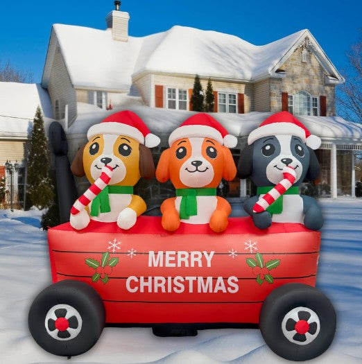 GOOSH 6.5FT Christmas Puppy Trio Wagon Inflatable Outdoor Yard Decoration