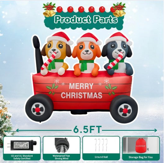 GOOSH 6.5FT Christmas Puppy Trio Wagon Inflatable Outdoor Yard Decoration