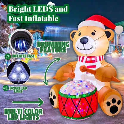 GOOSH 6FT Animated Drumming Bear Inflatable Outdoor Christmas Yard Decoration