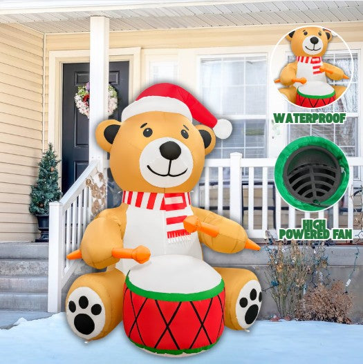 GOOSH 6FT Animated Drumming Bear Inflatable Outdoor Christmas Yard Decoration