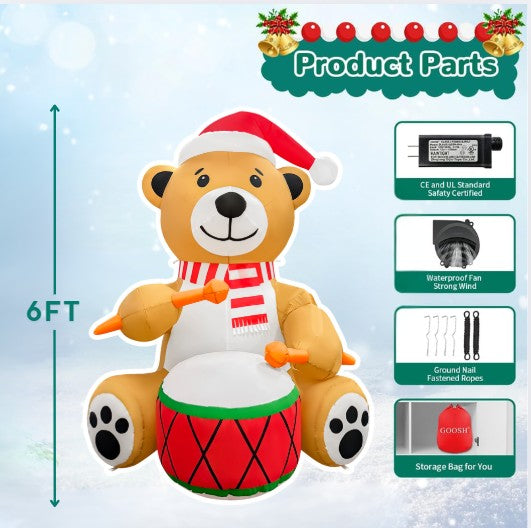 GOOSH 6FT Animated Drumming Bear Inflatable Outdoor Christmas Yard Decoration