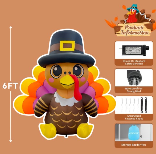 6ft Lighted Pilgrim Turkey Inflatable Thanksgiving Yard Decor