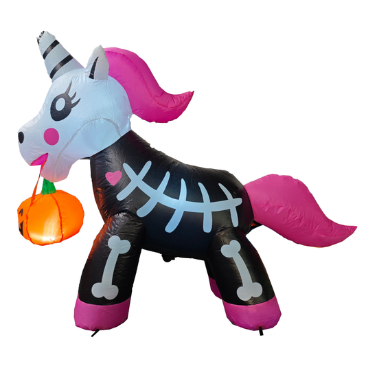 GOOSH 5 FT Halloween Inflatables Skeleton Unicorn Outdoor Decorations Blow Up Yard Pink Cute with Built-in LEDs for Indoor Party Garden Lawn Decor