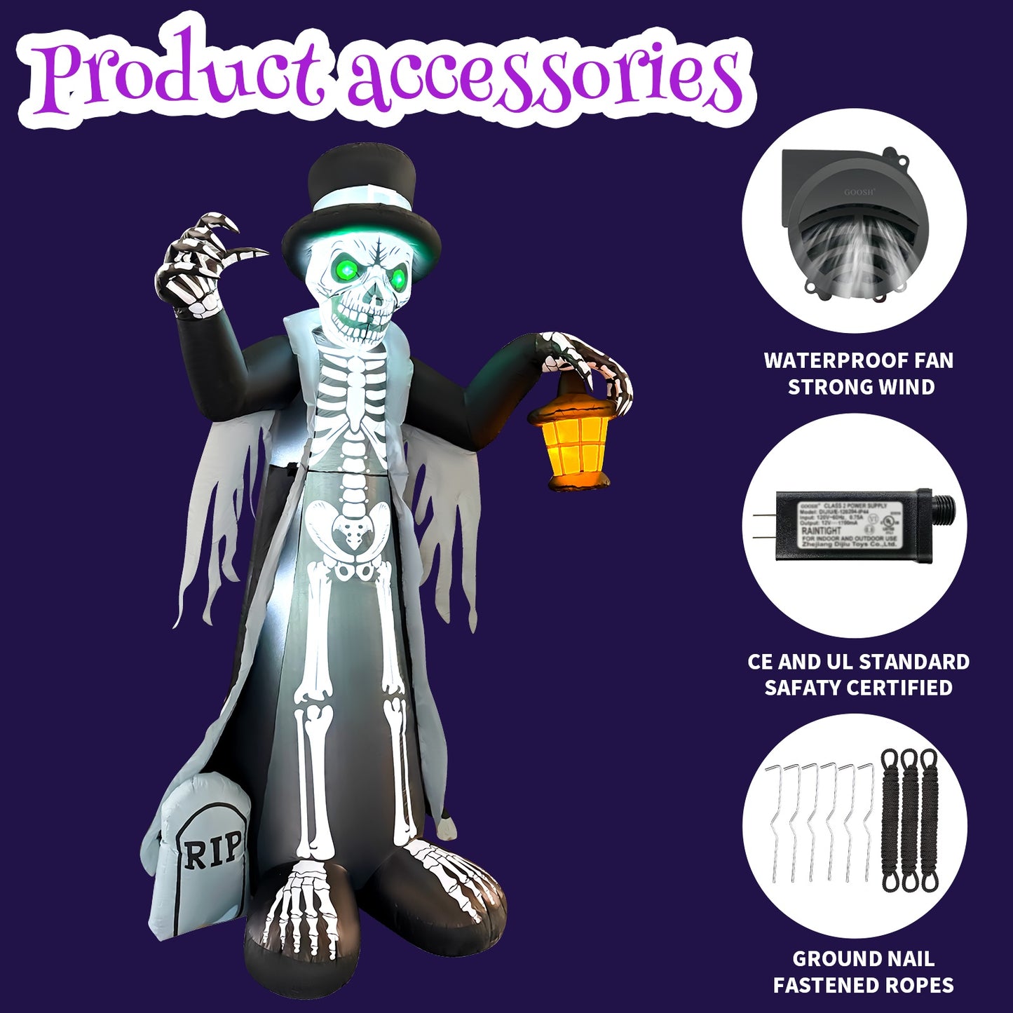 GOOSH 8.2ft Light-Up Inflatable Skeleton with Top Hat and Lantern Halloween Yard Decoration