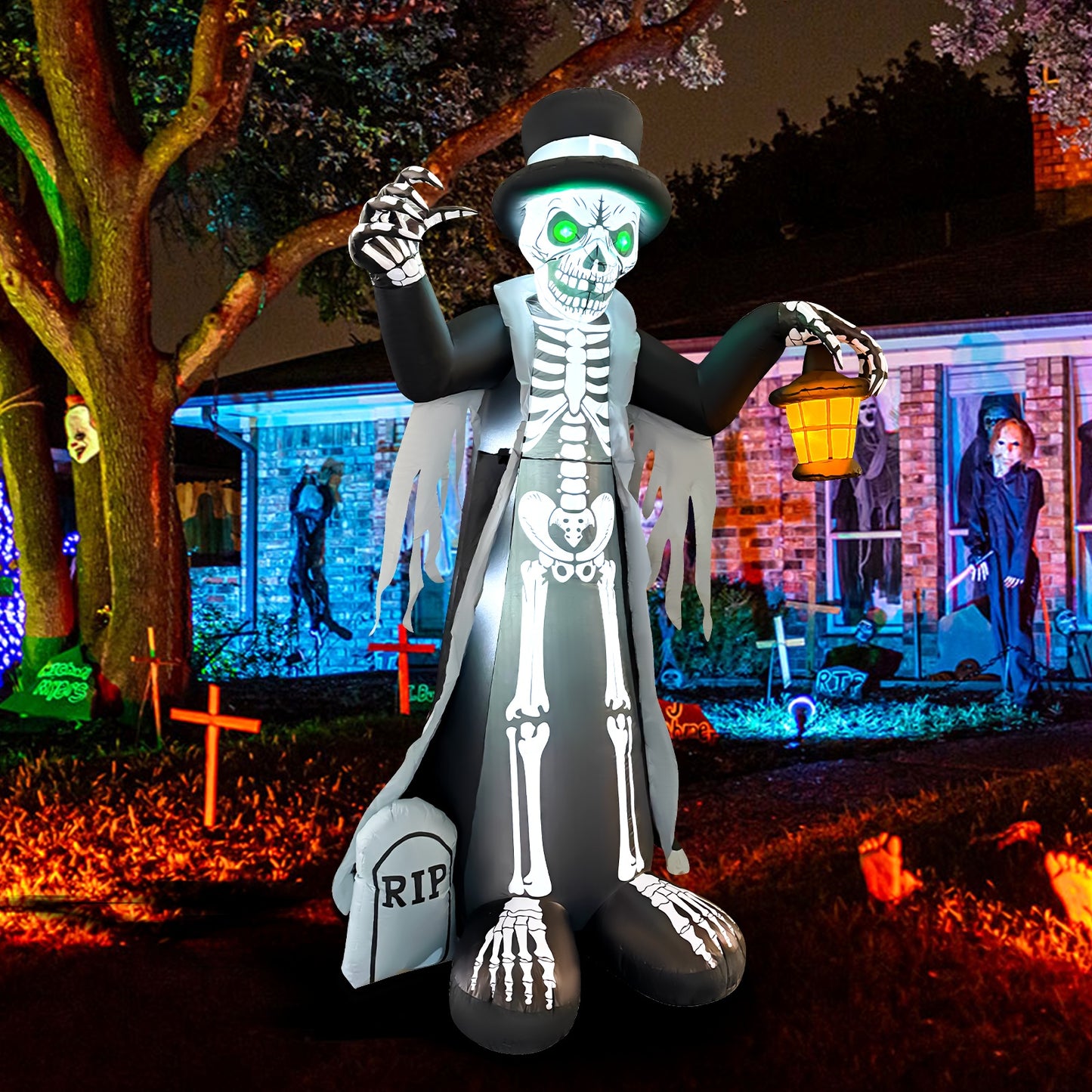 GOOSH 8.2ft Light-Up Inflatable Skeleton with Top Hat and Lantern Halloween Yard Decoration