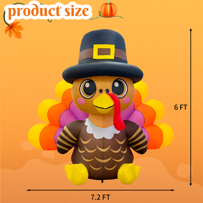 GOOSH 6FT Turkey Thanksgiving Inflatable with Pilgrim Hat and LED Lights