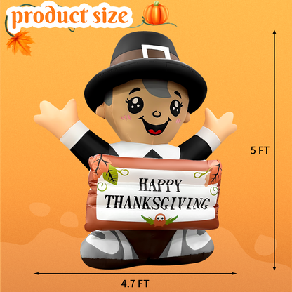GOOSH 5FT Thanksgiving Pilgrim Boy Inflatable with Sign and LED Lights