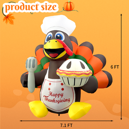 GOOSH 6FT Thanksgiving Turkey Chef Inflatable with Pumpkin Pie and LED Lights