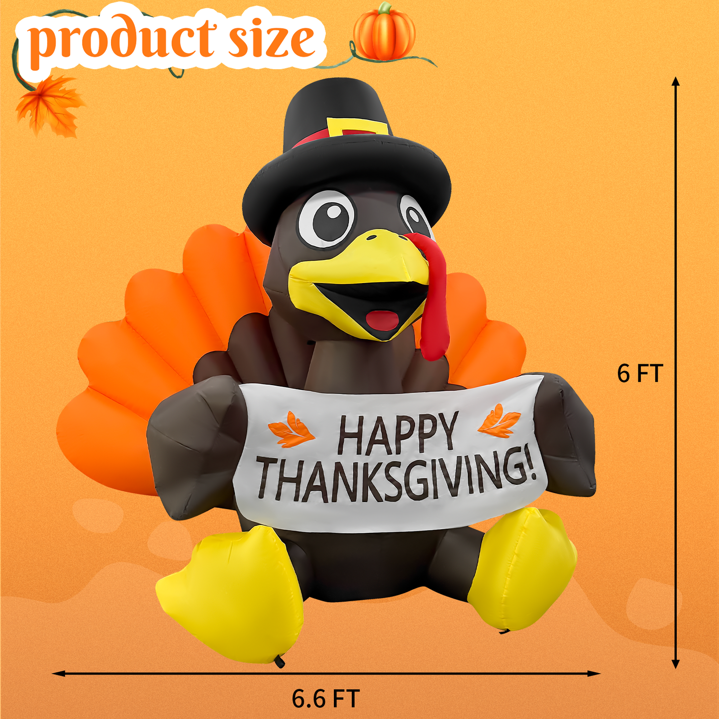 GOOSH 6FT Thanksgiving Turkey Inflatable with Banner, Pilgrim Hat, and LED Lights