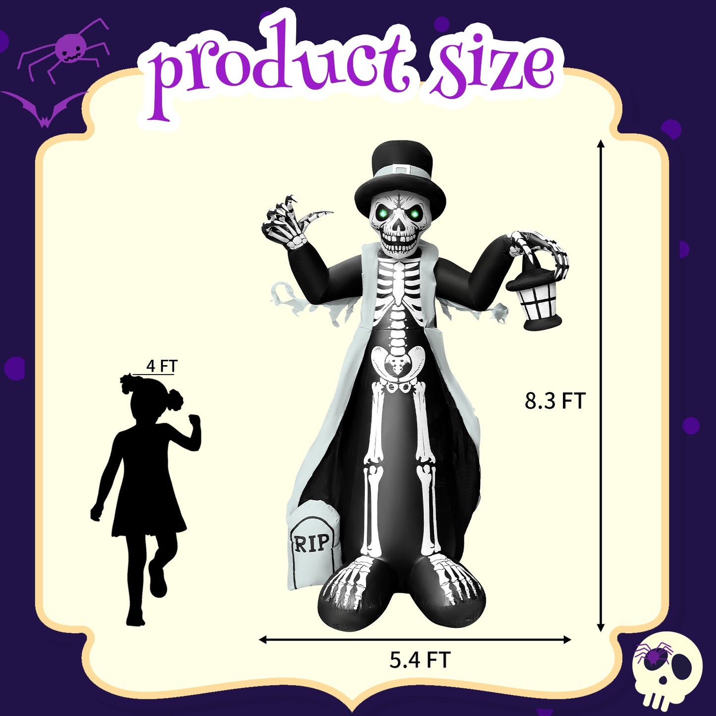 GOOSH 8.2ft Light-Up Inflatable Skeleton with Top Hat and Lantern Halloween Yard Decoration
