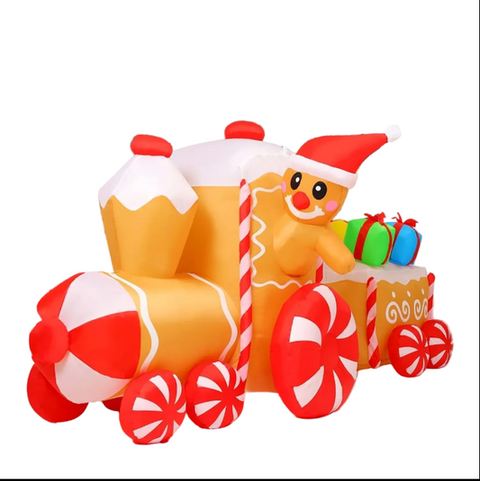 GOOSH 9 FT Length Christmas Inflatables Outdoor Decoration Blow Up Gingerbread Man Train with Built-in LEDs for Indoor Yard Garden Lawn Decor