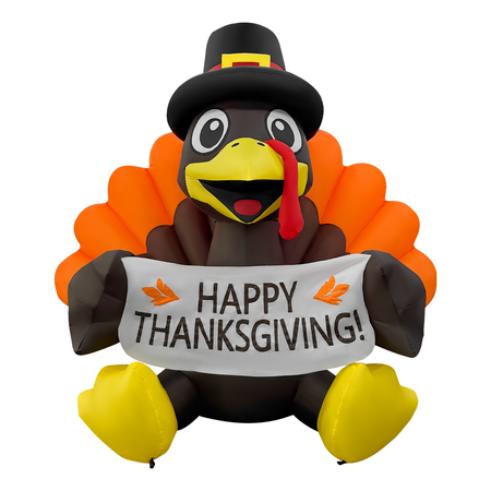 GOOSH 6FT Thanksgiving Turkey Inflatable with Banner, Pilgrim Hat, and LED Lights