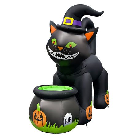 GOOSH 5.2FT Animated Inflatable Black Cat with Witch Hat and Cauldron – Halloween Yard Decoration