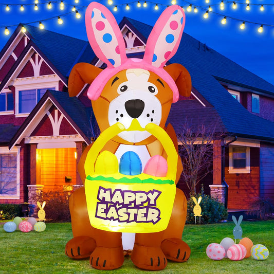 GOOSH 5.2 FT Easter Inflatables Dog Outdoor Decorations Blow Up Yard Cute Dog with Easter Eggs with Built-in LEDs for Easter Party Yard Garden Lawn Holiday Decor