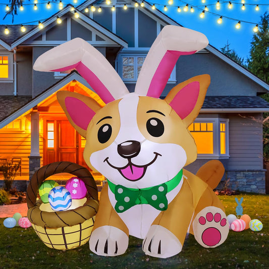 GOOSH 4.5 FT Easter Inflatables Dog Outdoor Decorations Blow Up Yard Cute Puppy in Bunny Hat and Colorful Eggs with Built-in LEDs for Garden Lawn Indoor Decor