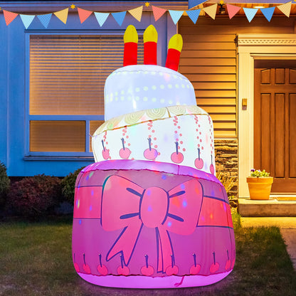 GOOSH Birthday Inflatables Outdoor Decorations Cake with Candle, Happy Birthday Blow Up Yard Decorations 6.4FT with Colorful Rotating LED Lights for Party Yard Garden Lawn (Red-B)