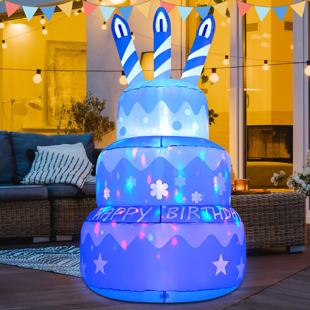 GOOSH Birthday Inflatables Outdoor Decorations Cake with Candle, Happy Birthday Blow Up Yard Decorations 5.5FT with Colorful Rotating LED Lights for Party Yard Garden Lawn (Blue)