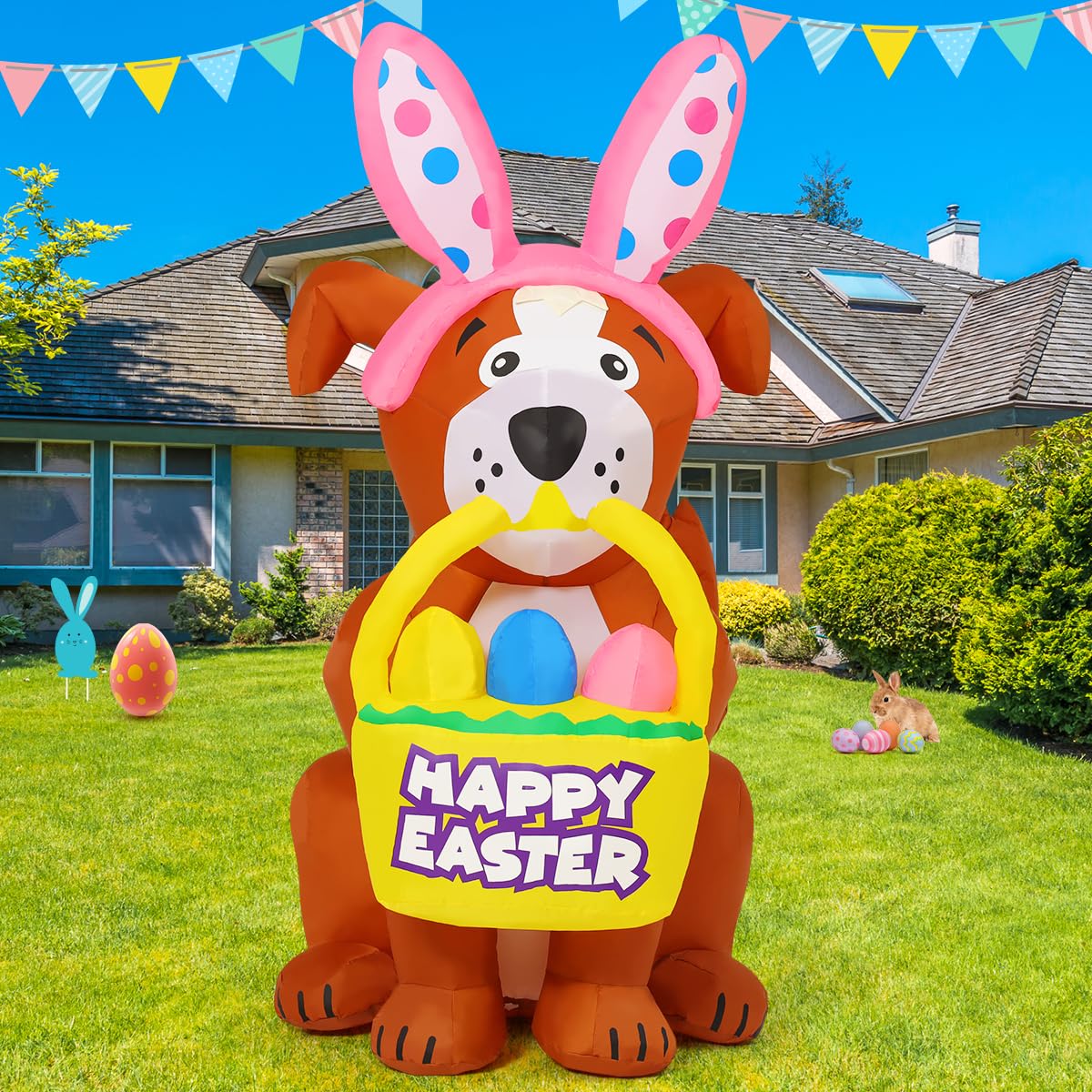 GOOSH 5.2 FT Easter Inflatables Dog Outdoor Decorations Blow Up Yard Cute Dog with Easter Eggs with Built-in LEDs for Easter Party Yard Garden Lawn Holiday Decor