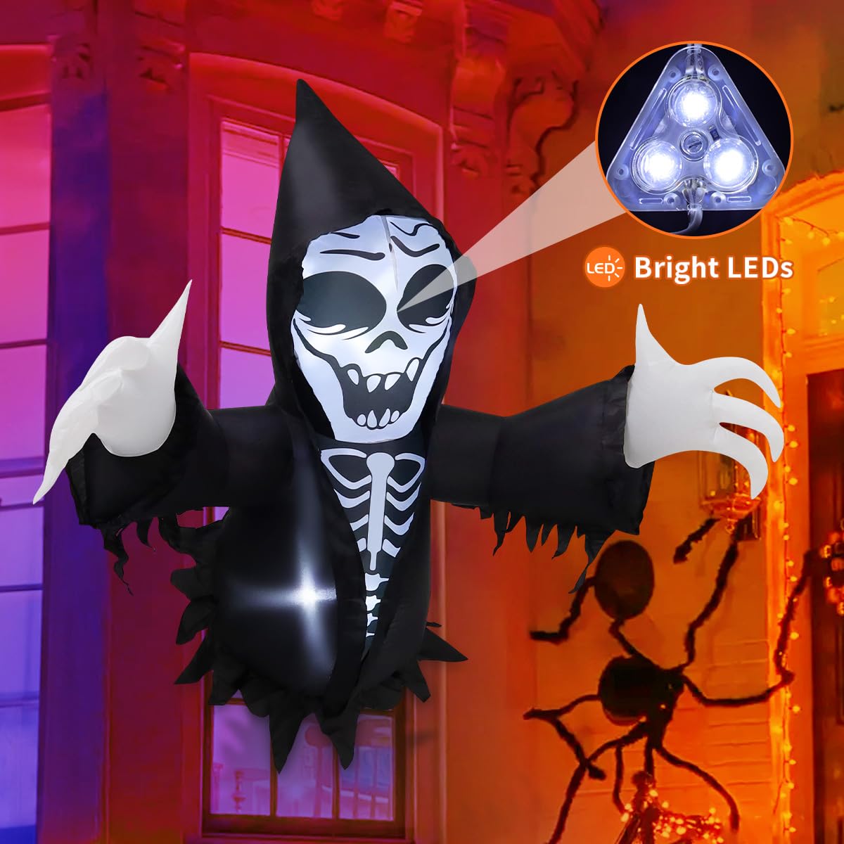 GOOSH 4.2 FT Halloween Inflatables Grim Reaper Broke Out from Window Outdoor Decorations Blow Up with Built-in LEDs for Halloween Party Indoor, Outdoor, Yard, Garden Decor
