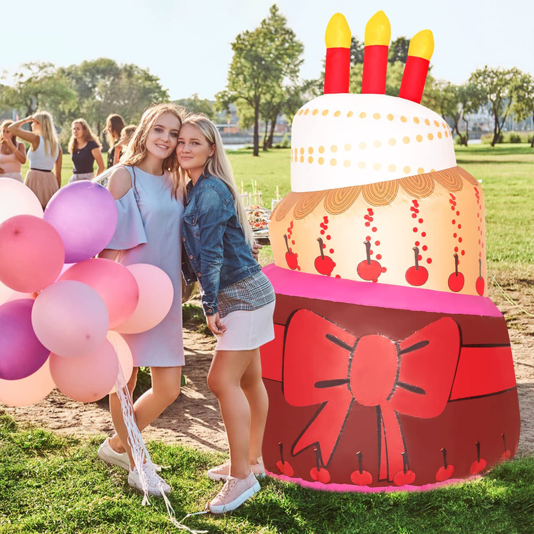 GOOSH Birthday Inflatables Outdoor Decorations Cake with Candle, Happy Birthday Blow Up Yard Decorations 6.4FT with Colorful Rotating LED Lights for Party Yard Garden Lawn (Red-B)