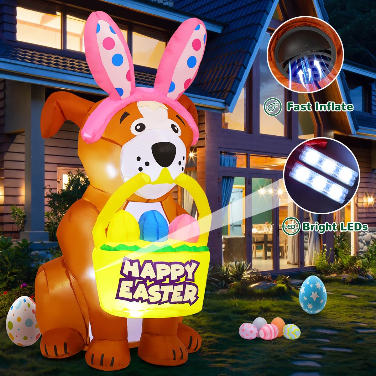 GOOSH 5.2 FT Easter Inflatables Dog Outdoor Decorations Blow Up Yard Cute Dog with Easter Eggs with Built-in LEDs for Easter Party Yard Garden Lawn Holiday Decor