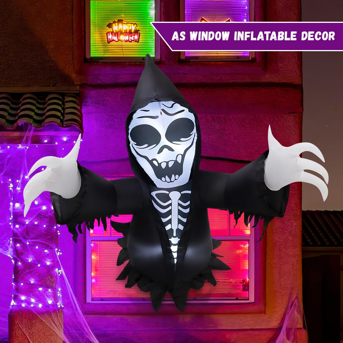 GOOSH 4.2 FT Halloween Inflatables Grim Reaper Broke Out from Window Outdoor Decorations Blow Up with Built-in LEDs for Halloween Party Indoor, Outdoor, Yard, Garden Decor