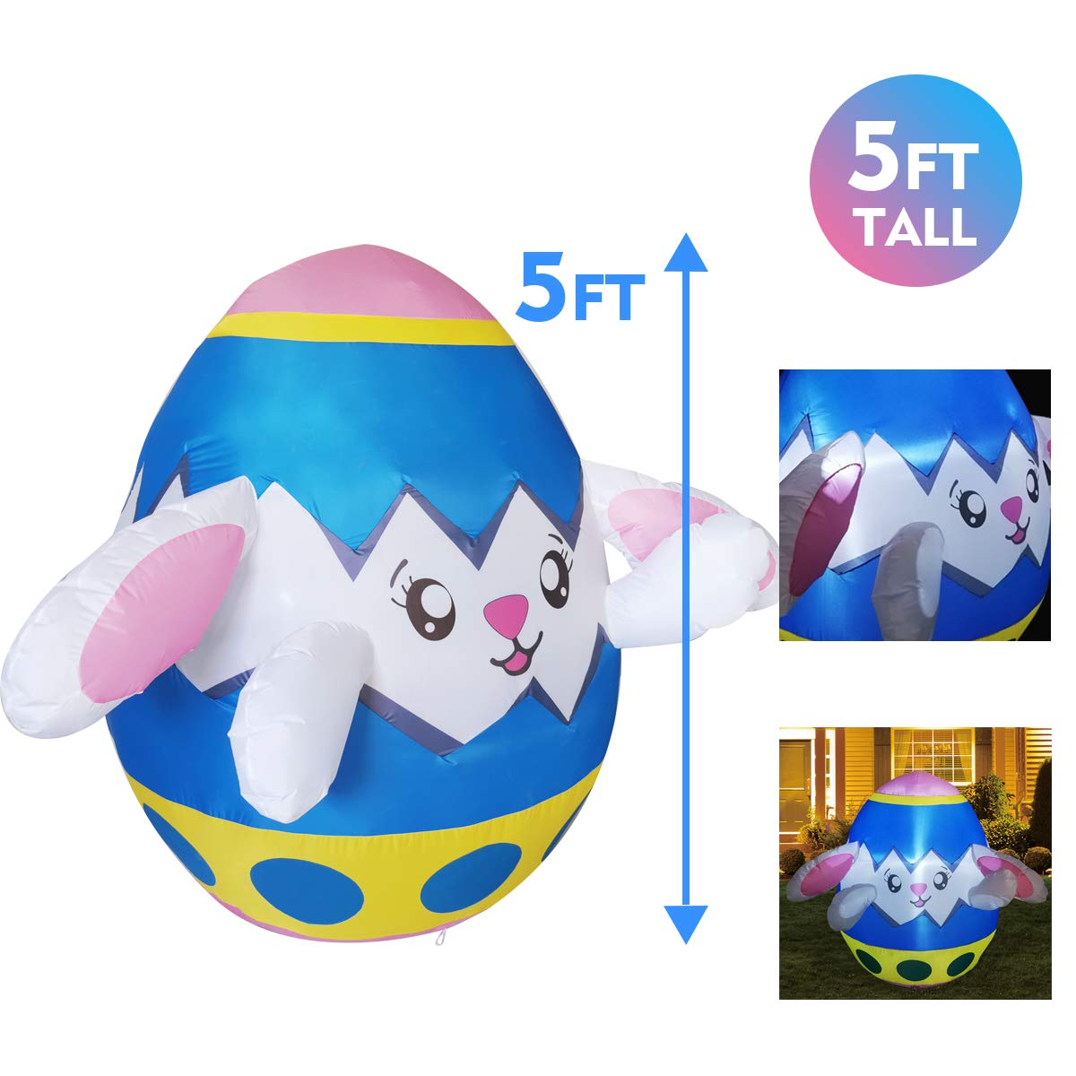 GOOSH 5 FT Height Easter Inflatables Outdoor Bunny in The Egg, Blow Up Yard Decoration with LED Lights Built-in for Holiday/Easter/Party/Yard/Garden