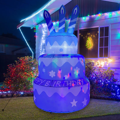 GOOSH Birthday Inflatables Outdoor Decorations Cake with Candle, Happy Birthday Blow Up Yard Decorations 5.5FT with Colorful Rotating LED Lights for Party Yard Garden Lawn (Blue)