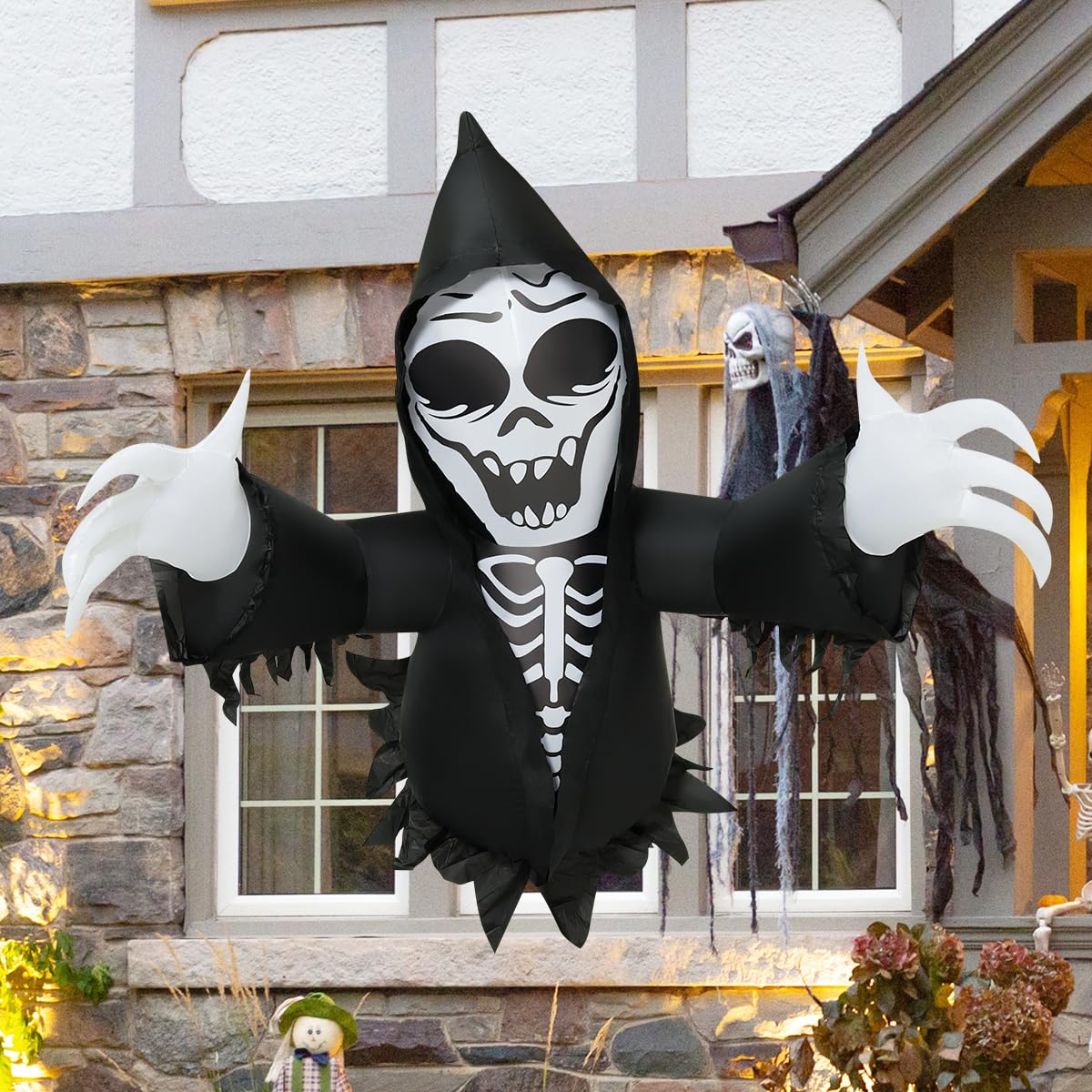 GOOSH 4.2 FT Halloween Inflatables Grim Reaper Broke Out from Window Outdoor Decorations Blow Up with Built-in LEDs for Halloween Party Indoor, Outdoor, Yard, Garden Decor
