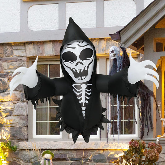 GOOSH 4.2 FT Halloween Inflatables Grim Reaper Broke Out from Window Outdoor Decorations Blow Up with Built-in LEDs for Halloween Party Indoor, Outdoor, Yard, Garden Decor