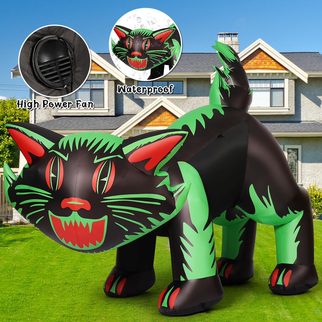 GOOSH 7 FT Halloween Inflatables Cat Outdoor Decorations Blow Up Yard Cat with Shakable Head with Built-in LEDs for Indoor Party Garden Lawn Decor