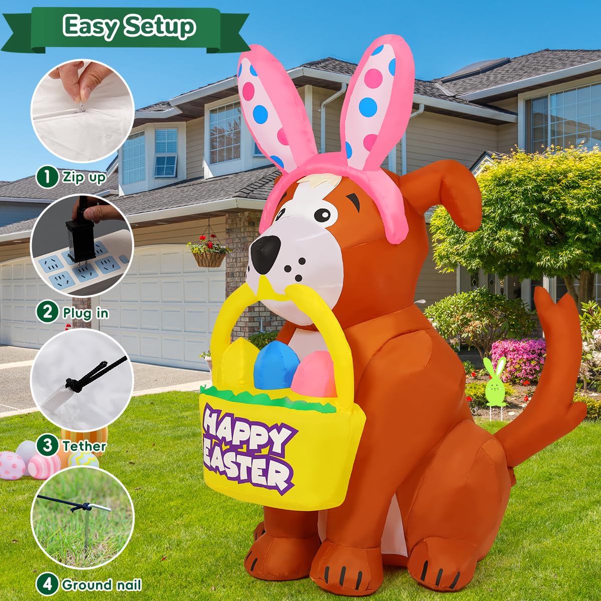 GOOSH 5.2 FT Easter Inflatables Dog Outdoor Decorations Blow Up Yard Cute Dog with Easter Eggs with Built-in LEDs for Easter Party Yard Garden Lawn Holiday Decor