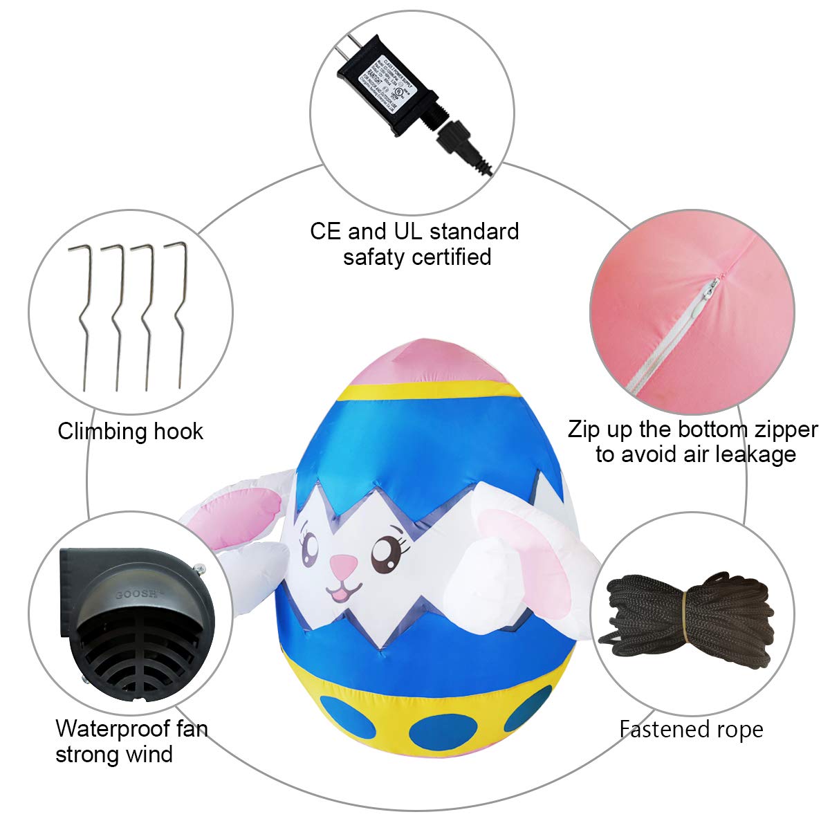 GOOSH 5 FT Height Easter Inflatables Outdoor Bunny in The Egg, Blow Up Yard Decoration with LED Lights Built-in for Holiday/Easter/Party/Yard/Garden