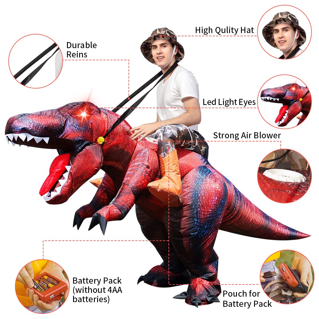 GOOSH Inflatable Dinosaur Costume Adults Halloween Blow up Costumes for Men Women Riding T Rex Air Costume for Party Cosplay