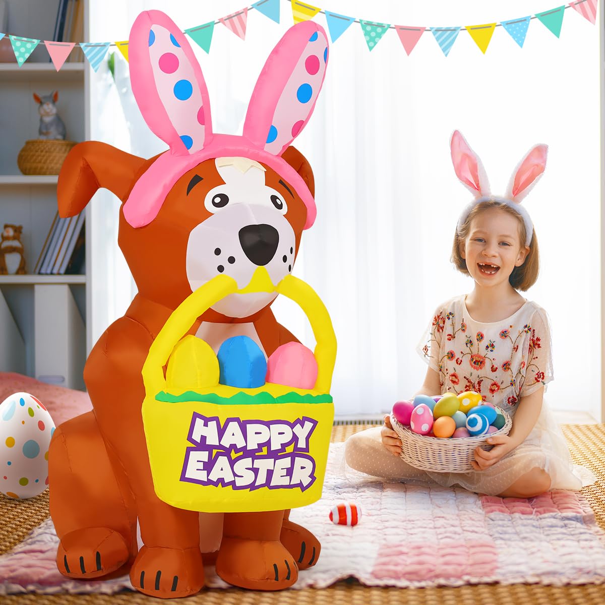 GOOSH 5.2 FT Easter Inflatables Dog Outdoor Decorations Blow Up Yard Cute Dog with Easter Eggs with Built-in LEDs for Easter Party Yard Garden Lawn Holiday Decor