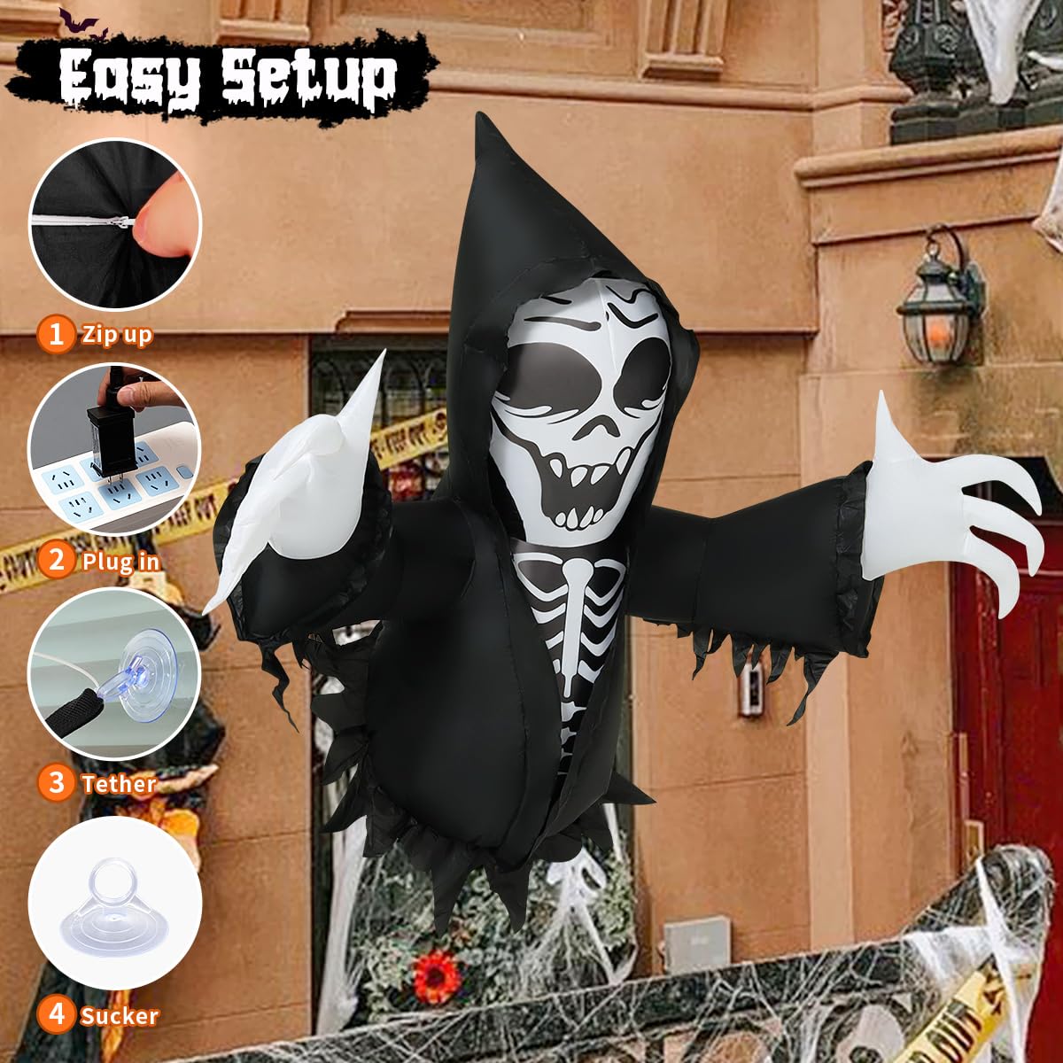GOOSH 4.2 FT Halloween Inflatables Grim Reaper Broke Out from Window Outdoor Decorations Blow Up with Built-in LEDs for Halloween Party Indoor, Outdoor, Yard, Garden Decor
