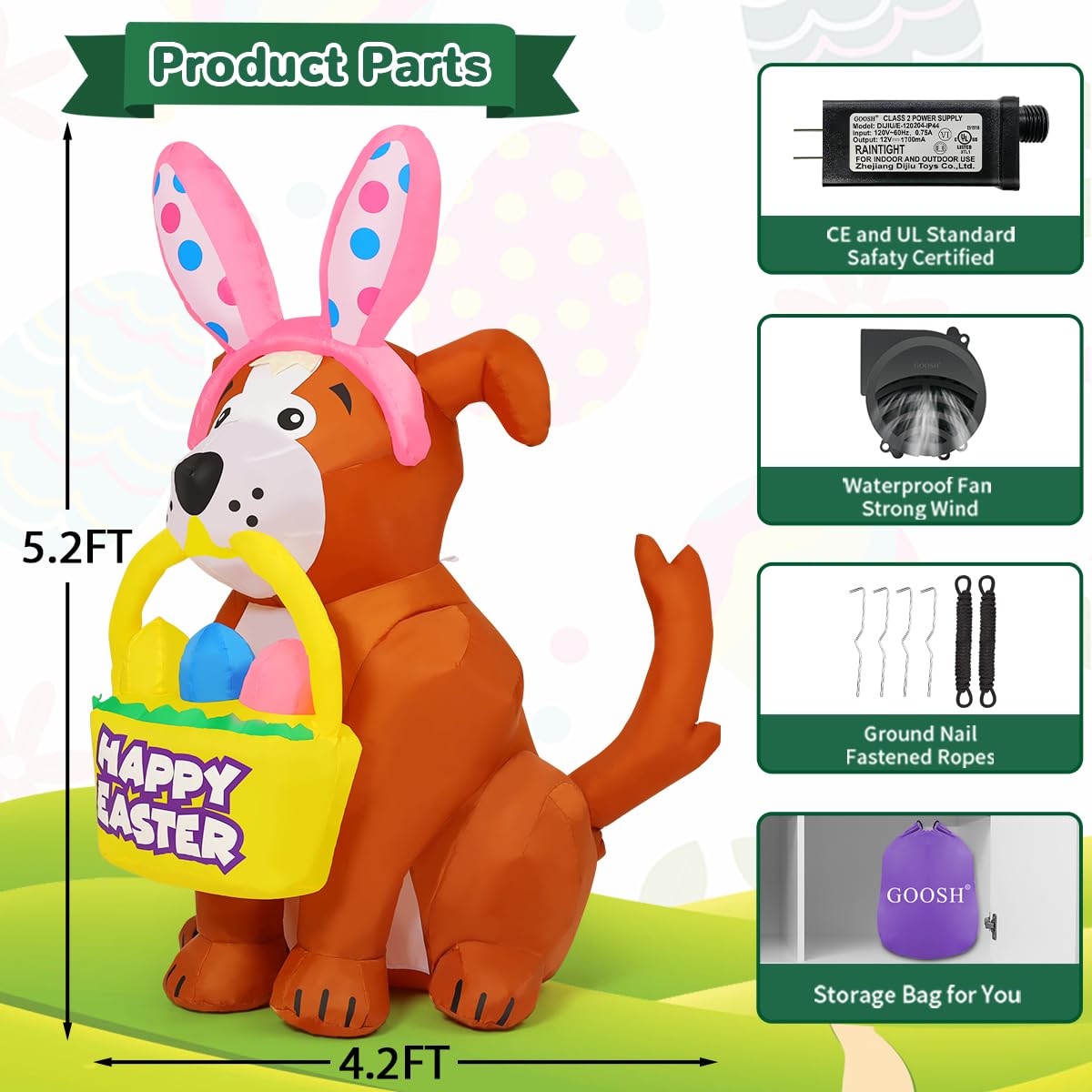 GOOSH 5.2 FT Easter Inflatables Dog Outdoor Decorations Blow Up Yard Cute Dog with Easter Eggs with Built-in LEDs for Easter Party Yard Garden Lawn Holiday Decor