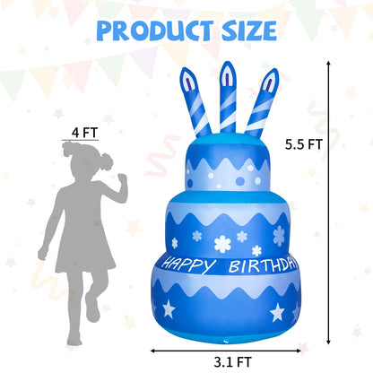 GOOSH Birthday Inflatables Outdoor Decorations Cake with Candle, Happy Birthday Blow Up Yard Decorations 5.5FT with Colorful Rotating LED Lights for Party Yard Garden Lawn (Blue)