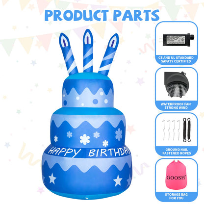 GOOSH Birthday Inflatables Outdoor Decorations Cake with Candle, Happy Birthday Blow Up Yard Decorations 5.5FT with Colorful Rotating LED Lights for Party Yard Garden Lawn (Blue)