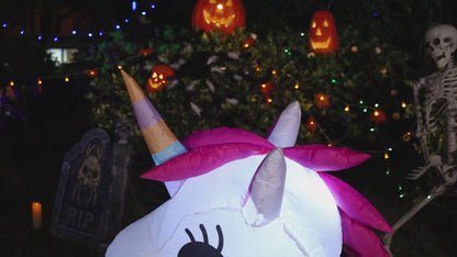 GOOSH 4 FT Halloween Inflatables Skeleton Unicorn Outdoor Decorations Blow Up Yard Pink Cute with Built-in LEDs for Indoor Party Garden Lawn Decor
