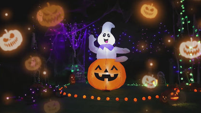 GOOSH 5 FT Halloween Inflatable Outdoor Ghost Sitting on The Pumpkin, Blow Up Yard Decoration Clearance with LED Lights Built-in for Holiday/Party/Yard/Garden