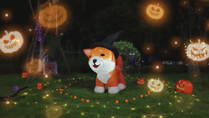 GOOSH 4 FT Halloween Inflatables Dog Outdoor Decorations Blow Up Yard Wizard Shiba Inu Dog with Built-in LEDs for Indoor Party Garden Lawn Decor