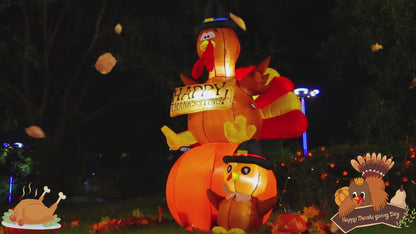 GOOSH 6 FT Thanksgiving Inflatables Turkey Outdoor Decorations Blow Up Yard Turkey on Pumpkin with Turkey Baby with Built-in LEDs for Indoor Party Garden Lawn Decor